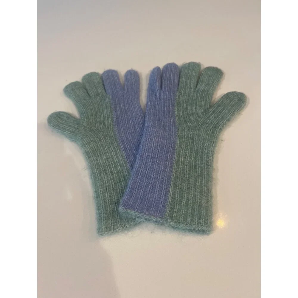 Anthropologie Two-Tone Ribbed Knit Gloves In Green & Blue Soft Wool Blend Womens